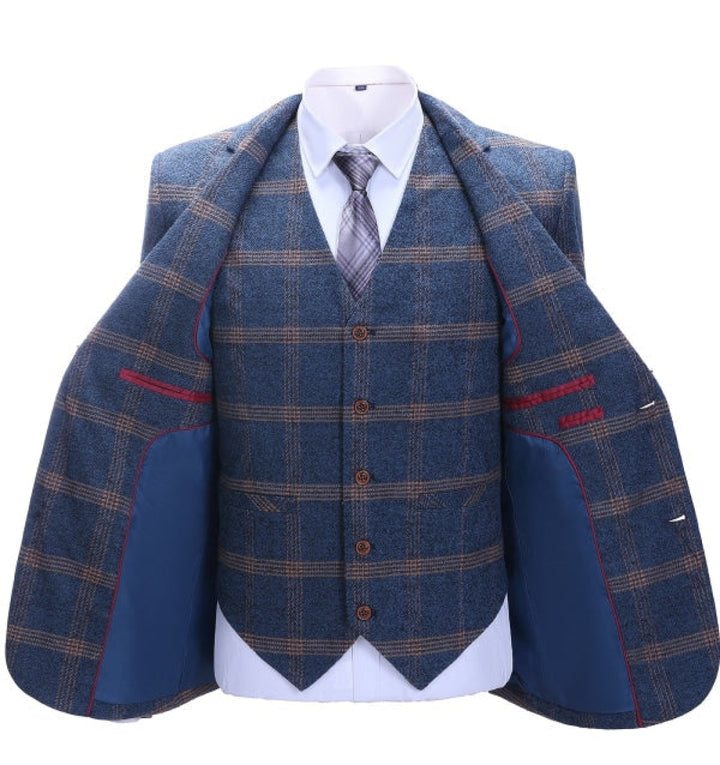 Men's Business 3 Pieces Formal Royal Blue Plaid Tweed Notch Lapel Suit (Blazer+vest+Pants) Adam Reed