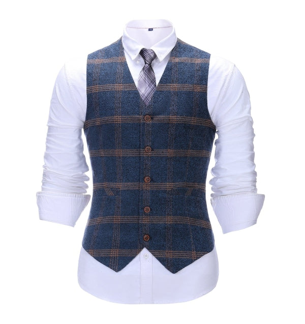 Men's Business 3 Pieces Formal Royal Blue Plaid Tweed Notch Lapel Suit (Blazer+vest+Pants) Adam Reed