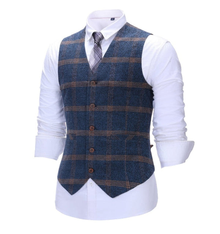 Men's Business 3 Pieces Formal Royal Blue Plaid Tweed Notch Lapel Suit (Blazer+vest+Pants) Adam Reed