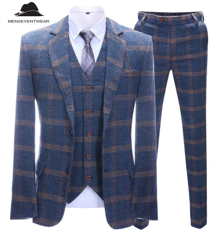 Men's Business 3 Pieces Formal Royal Blue Plaid Tweed Notch Lapel Suit (Blazer+vest+Pants) Adam Reed