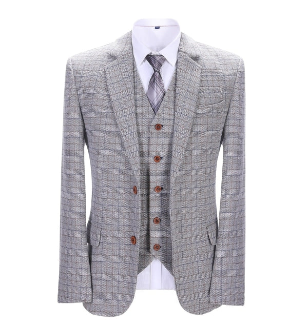 Men's Business 3 Pieces Formal White Plaid Solid Notch Lapel Suit (Blazer+vest+Pants) Adam Reed