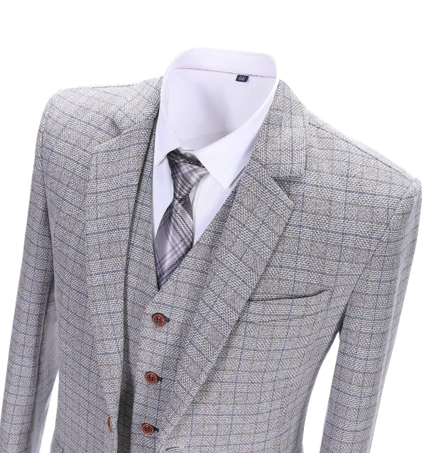 Men's Business 3 Pieces Formal White Plaid Solid Notch Lapel Suit (Blazer+vest+Pants) Adam Reed