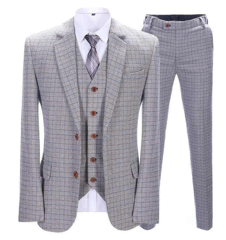 Men's Business 3 Pieces Formal White Plaid Solid Notch Lapel Suit (Blazer+vest+Pants) Adam Reed