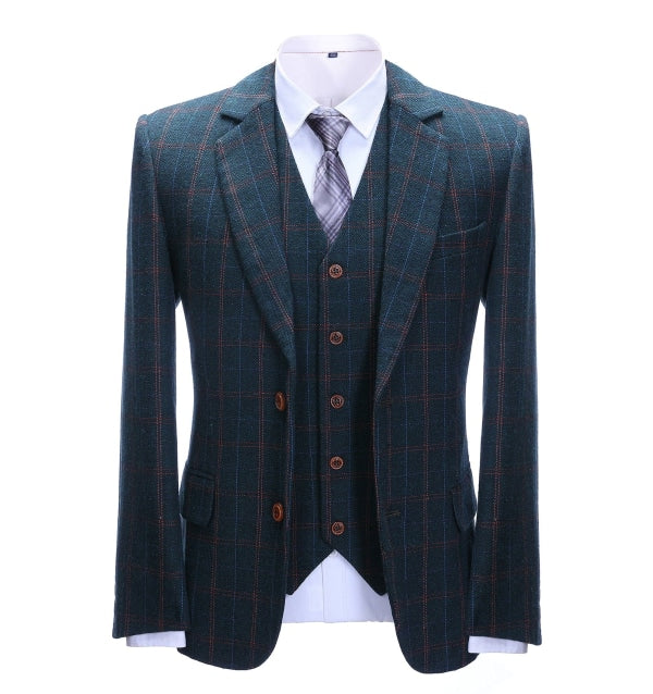 Men's Business 3 Pieces Mens Suit Navy Plaid Notch Lapel Suit (Blazer+vest+Pants) Adam Reed