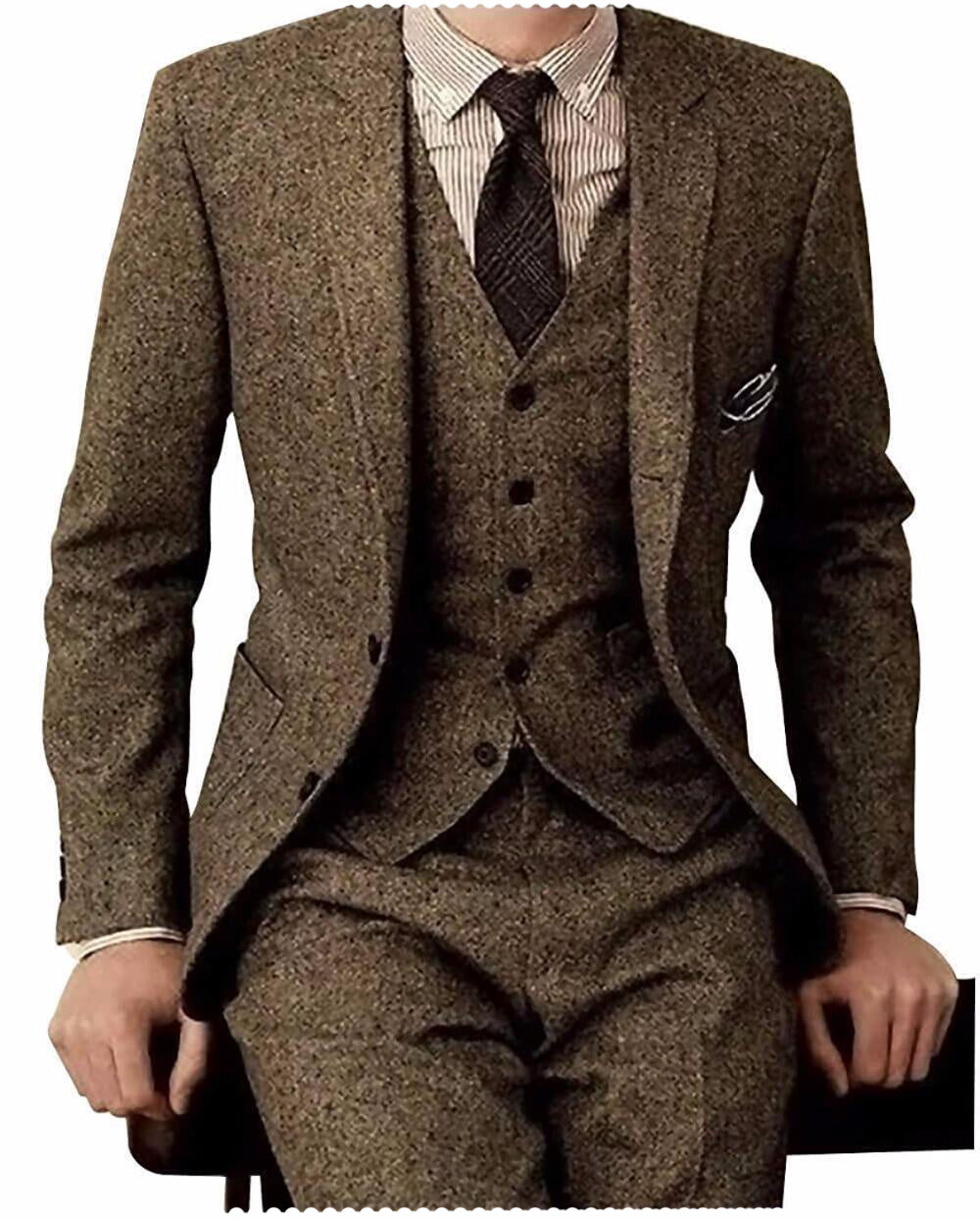 Men's Casual 3 Pieces Mens Suit Classic Tweed Notch Lapel Tuxedos