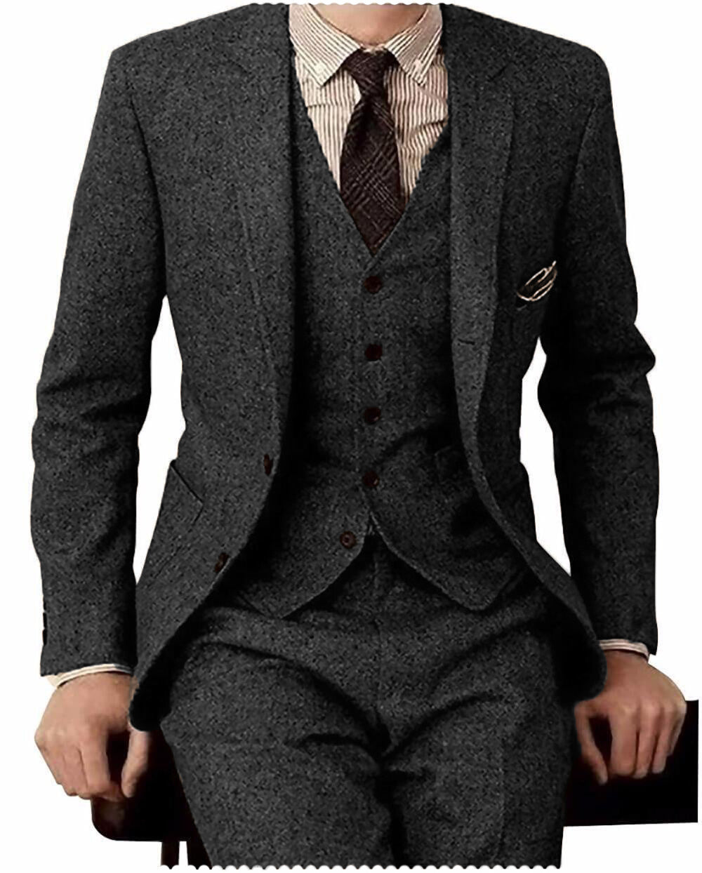 Men's Casual 3 Pieces Mens Suit Classic Tweed Notch Lapel Tuxedos (Blazer+vest+Pants) mens event wear