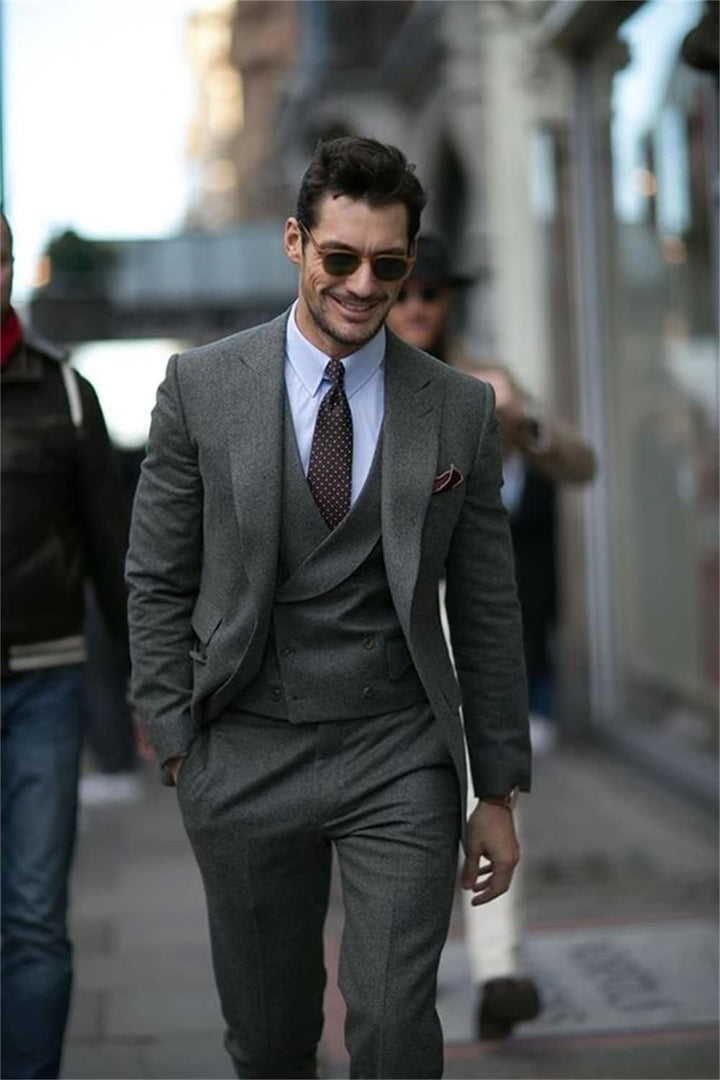 Men's Casual 3 Pieces Mens Suit Classic Tweed Peak Lapel Tuxedos (Blazer+vest+Pants) mens event wear