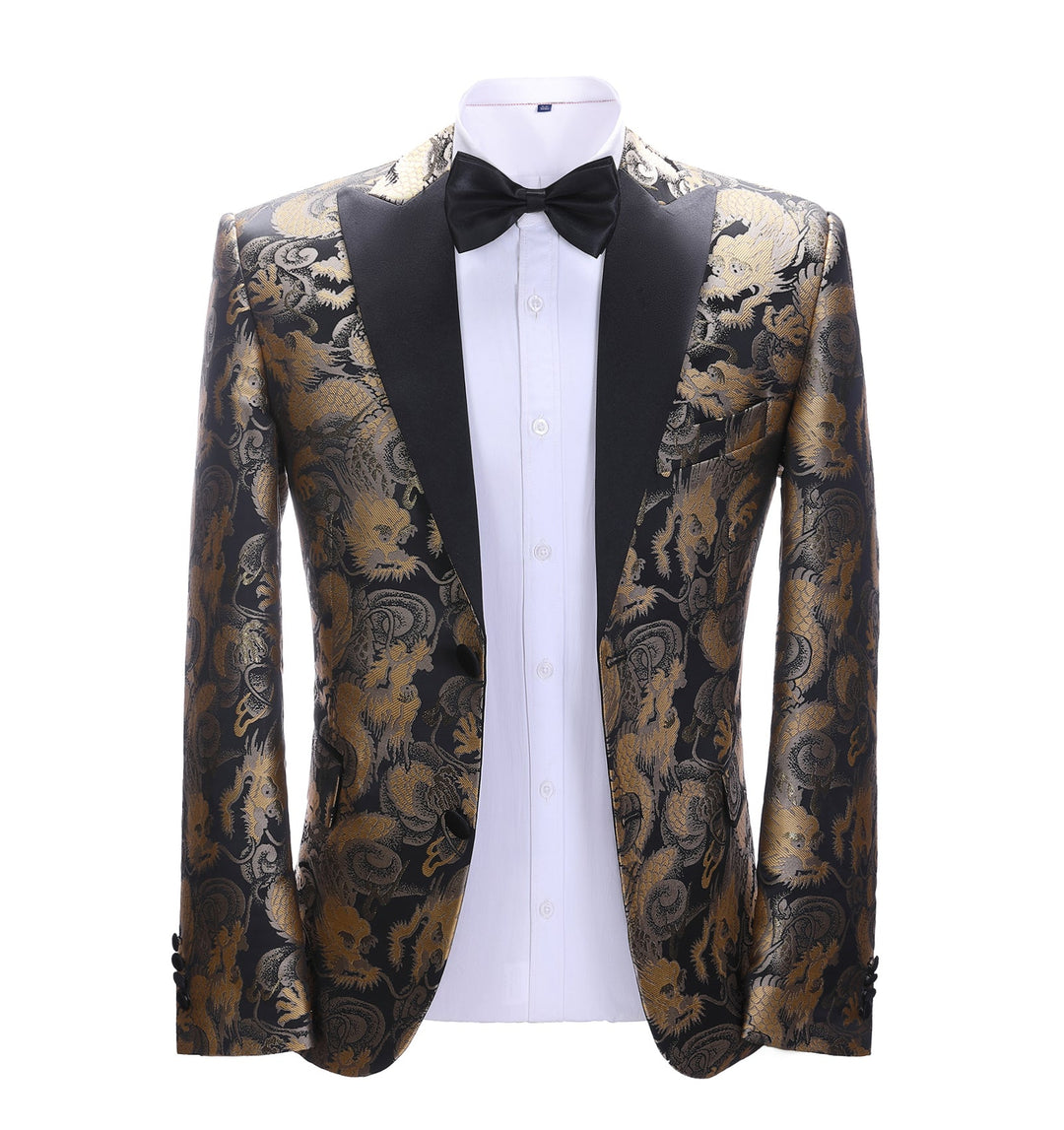 Men's Casual Chinese Dragon Patterned Peak Lapel Blazer mens event wear