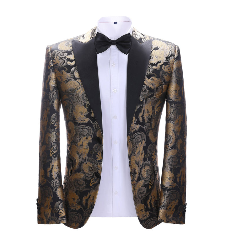 Men's Casual Chinese Dragon Patterned Peak Lapel Blazer mens event wear