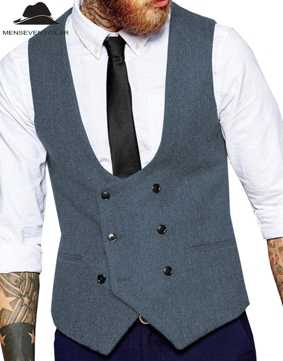 Men's Casual Double Breasted Tweed Herringbone U Neck Waistcoat menseventwear