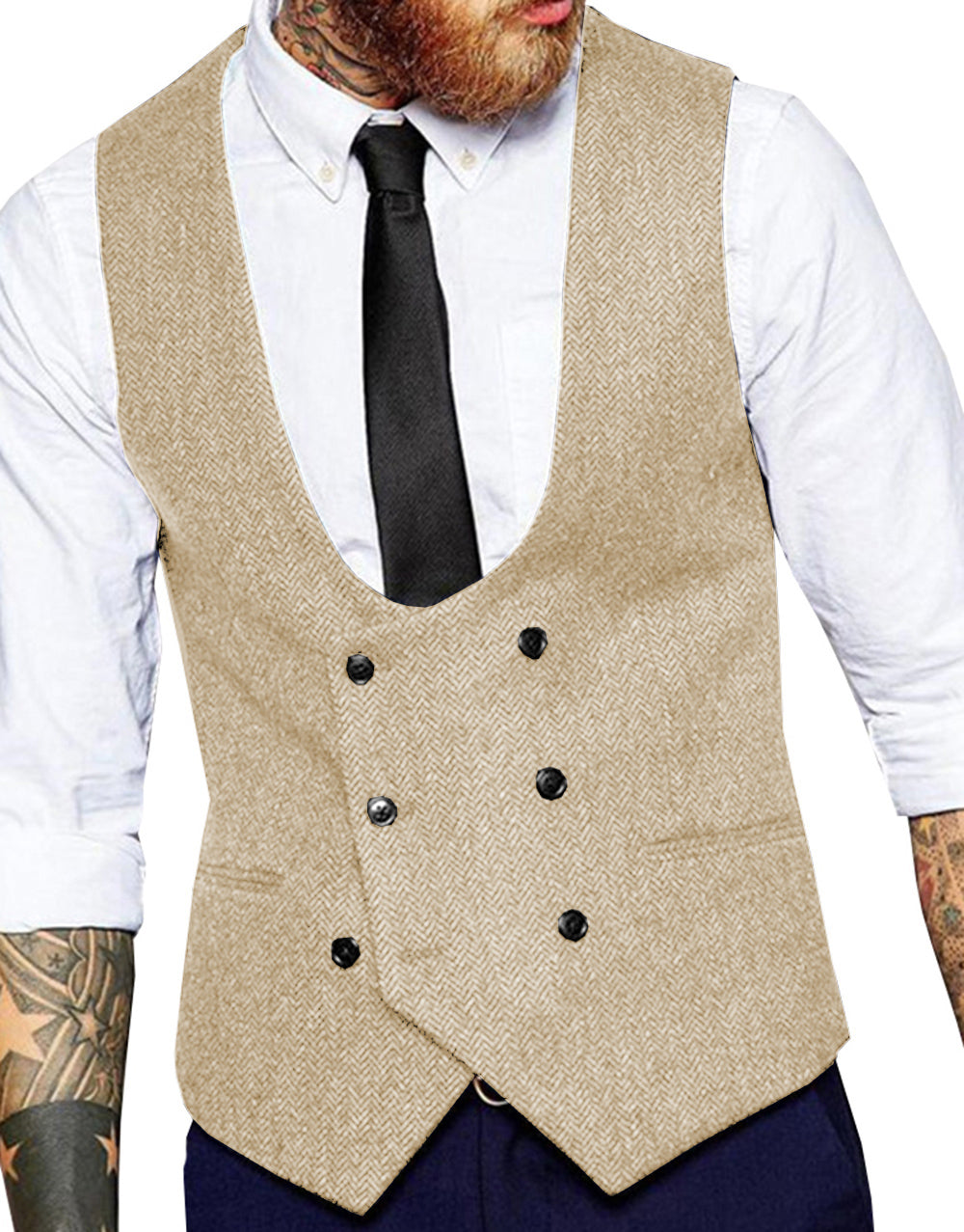 Men's Casual Double Breasted Tweed Herringbone U Neck Waistcoat menseventwear