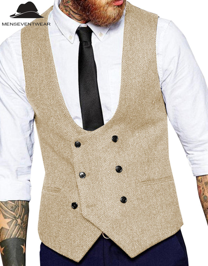 Men's Casual Double Breasted Tweed Herringbone U Neck Waistcoat menseventwear