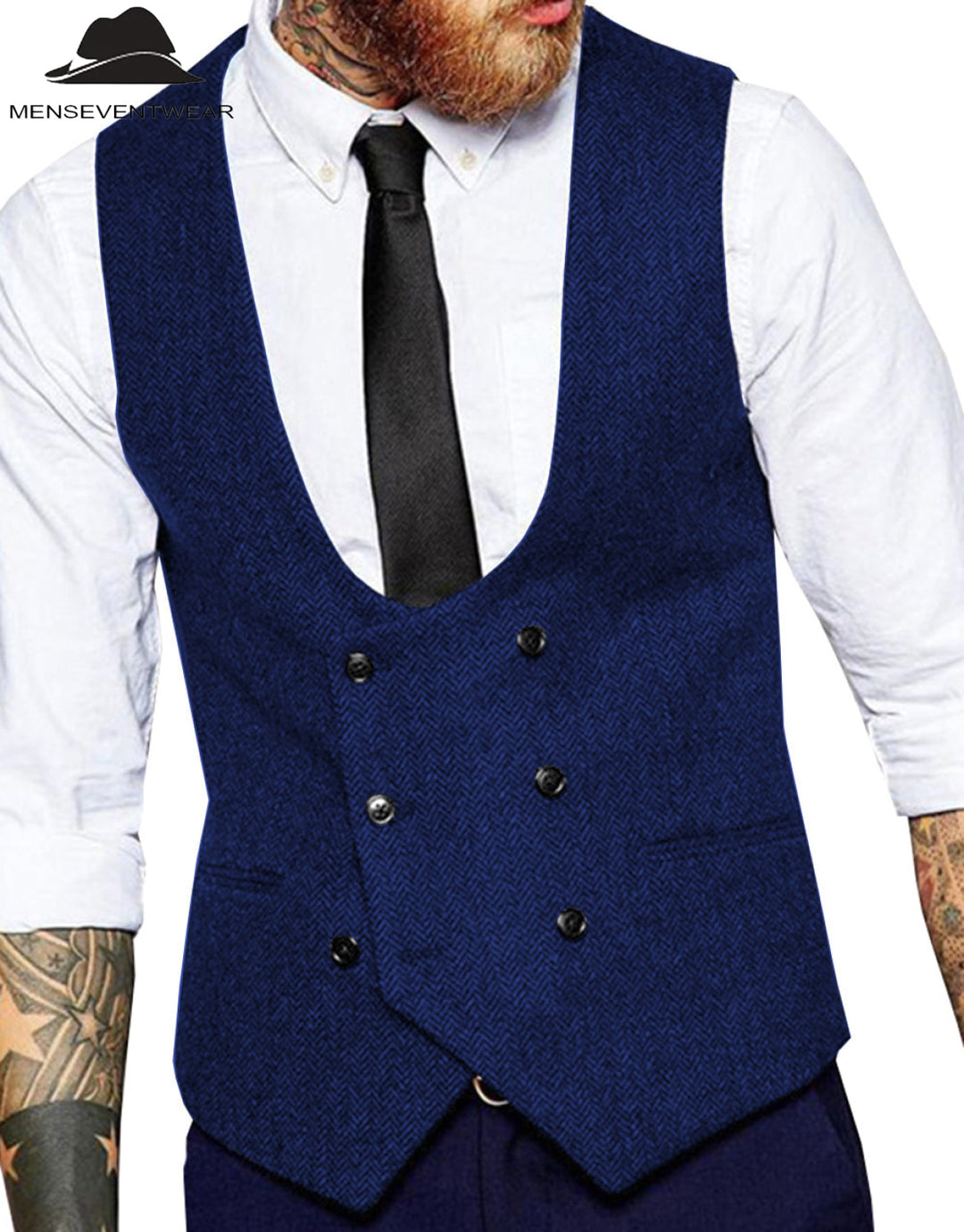 Men's Casual Double Breasted Tweed Herringbone U Neck Waistcoat menseventwear