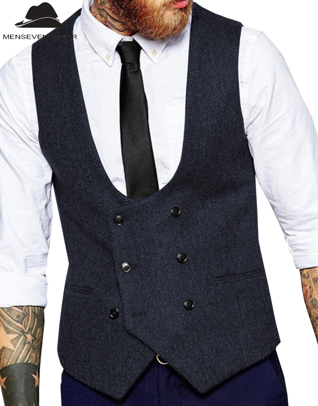 Men's Casual Double Breasted Tweed Herringbone U Neck Waistcoat menseventwear