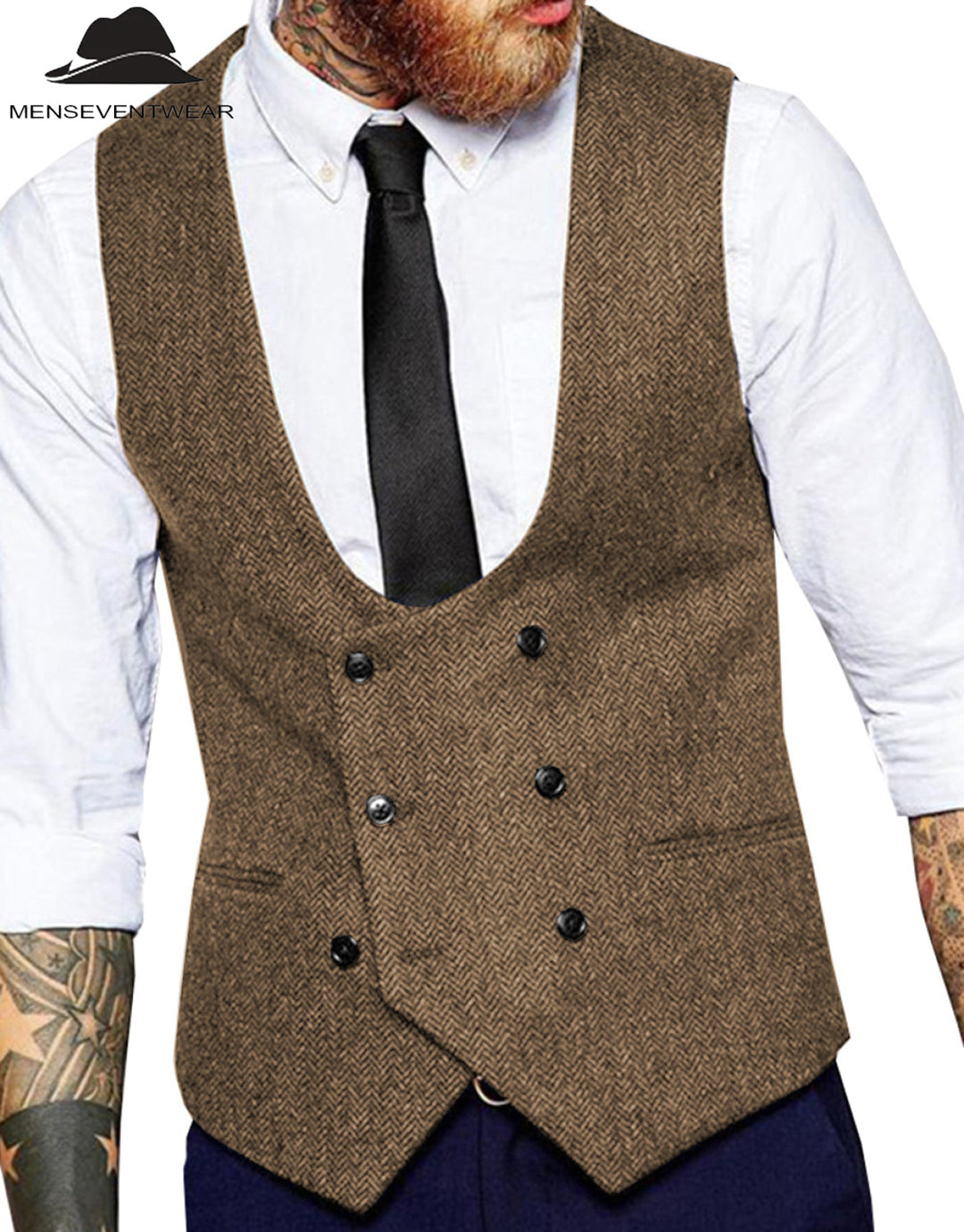 Men's Casual Double Breasted Tweed Herringbone U Neck Waistcoat menseventwear