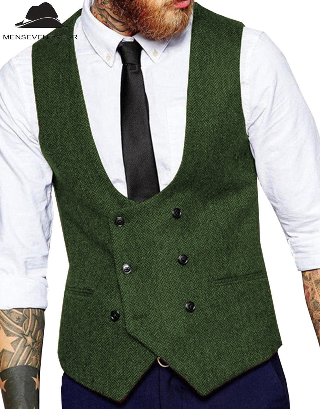 Men's Casual Double Breasted Tweed Herringbone U Neck Waistcoat menseventwear