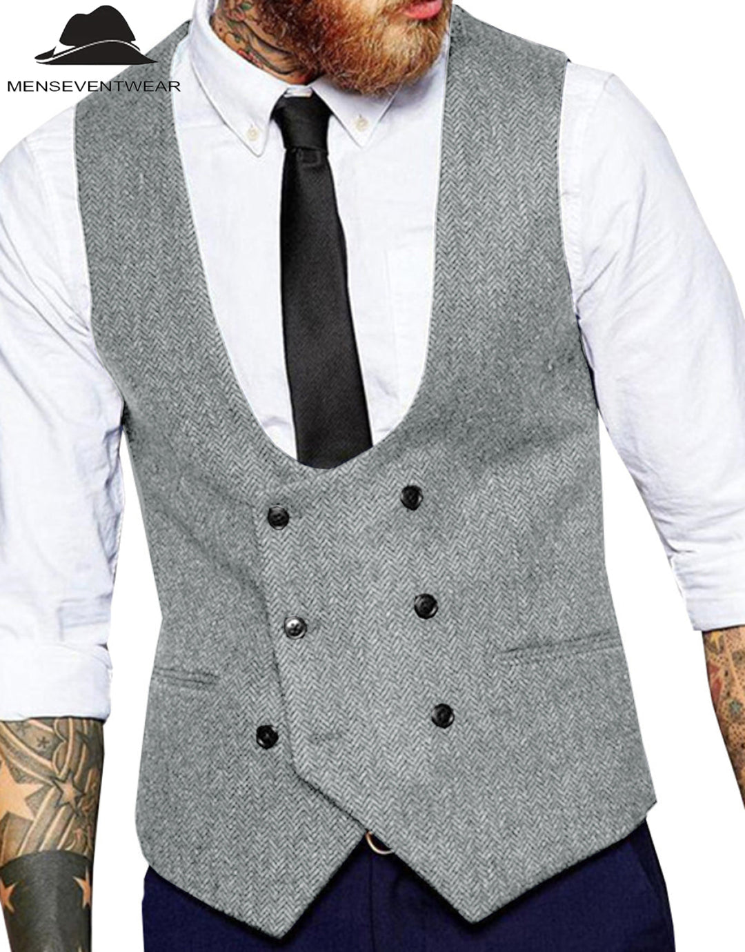 Men's Casual Double Breasted Tweed Herringbone U Neck Waistcoat menseventwear