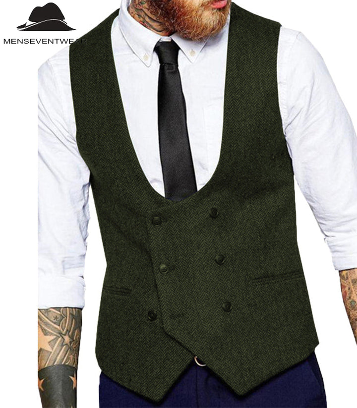 Men's Casual Double Breasted Tweed Herringbone U Neck Waistcoat menseventwear