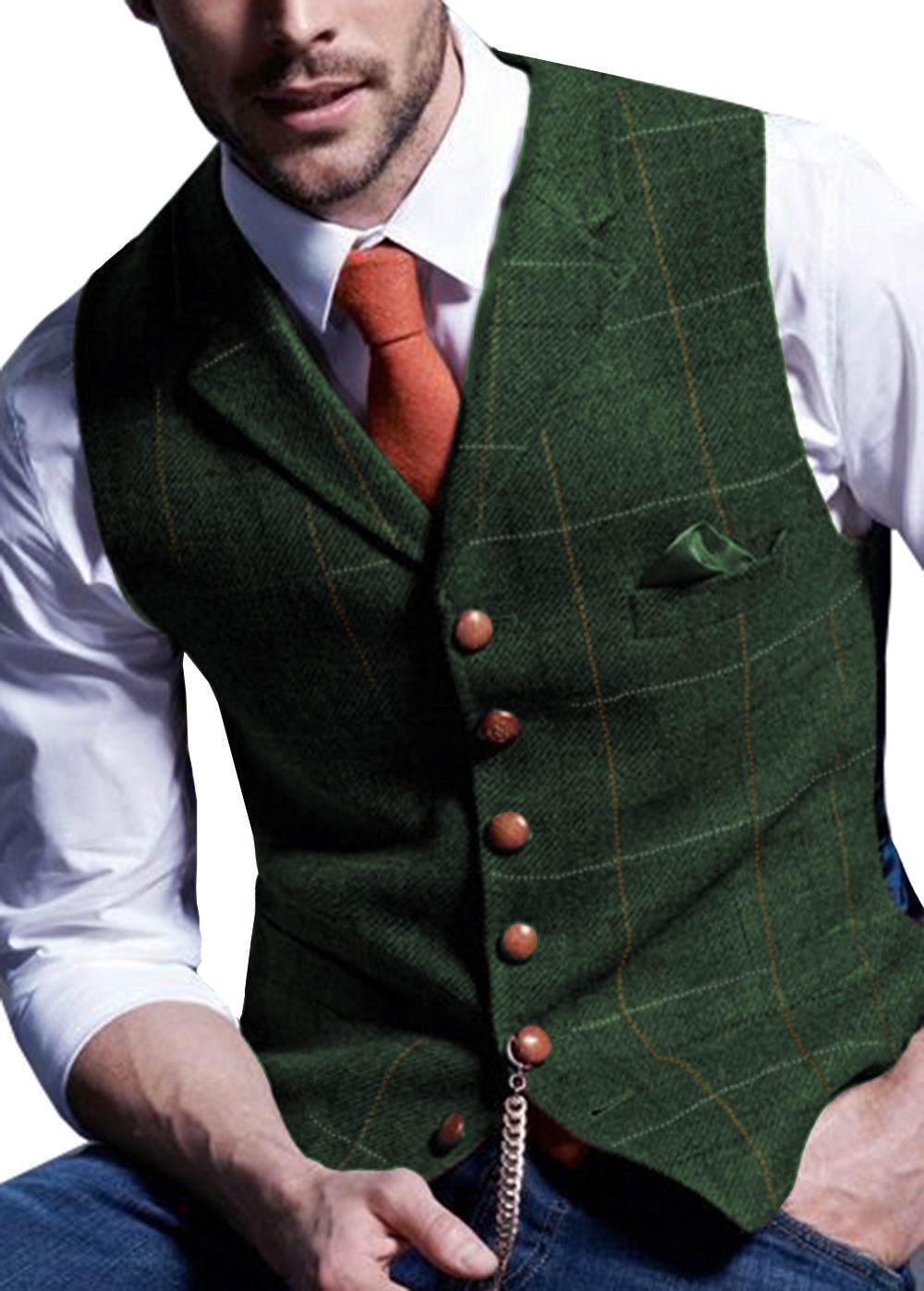 Men's Casual Slim Fit Plaid Tweed Notch Lapel Waistcoat menseventwear