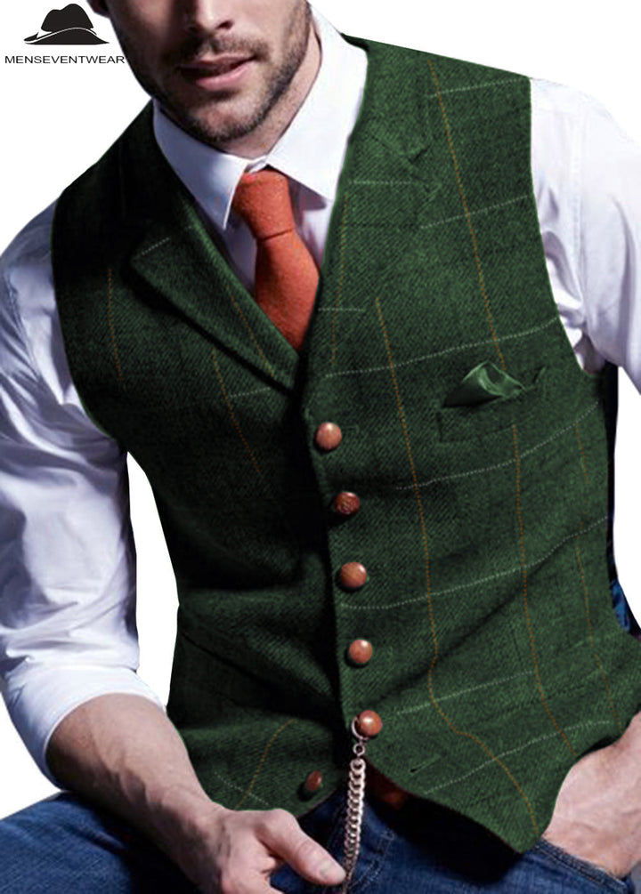 Men's Casual Slim Fit Plaid Tweed Notch Lapel Waistcoat menseventwear