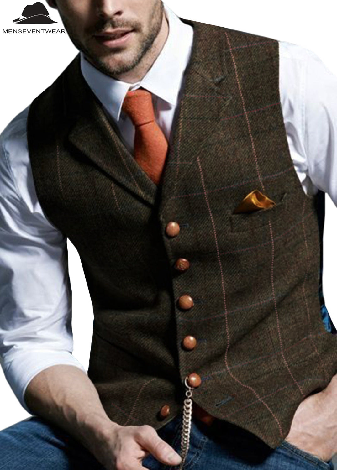 Men's Casual Slim Fit Plaid Tweed Notch Lapel Waistcoat menseventwear