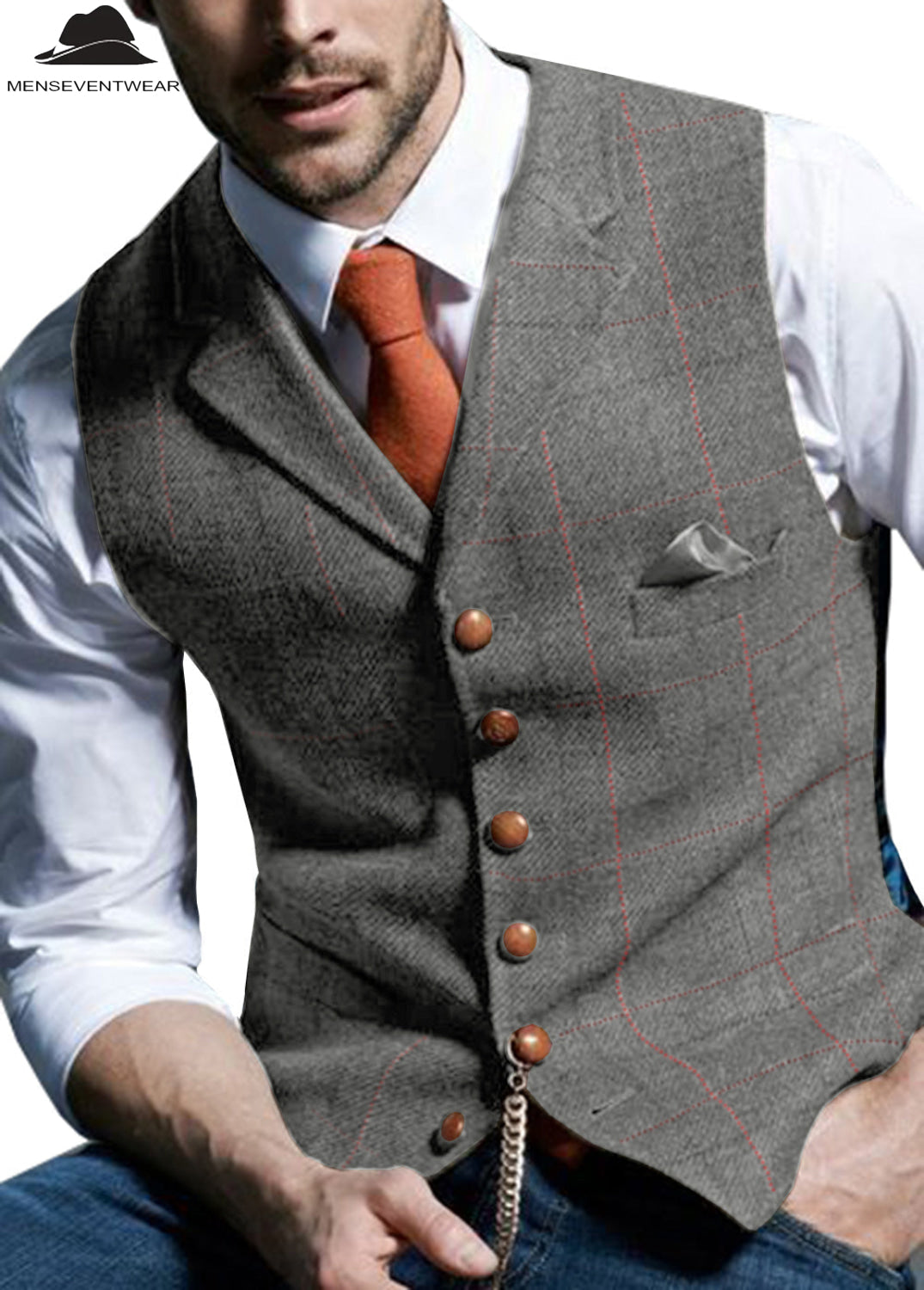 Men's Casual Slim Fit Plaid Tweed Notch Lapel Waistcoat menseventwear