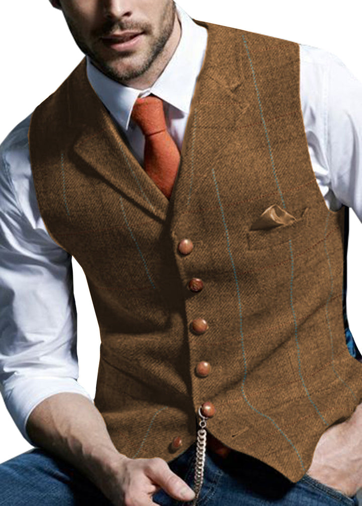 Men's Casual Slim Fit Plaid Tweed Notch Lapel Waistcoat menseventwear