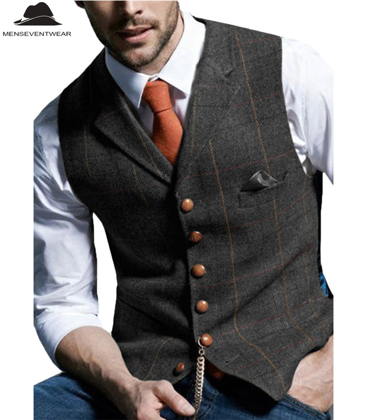 Men's Casual Slim Fit Plaid Tweed Notch Lapel Waistcoat menseventwear