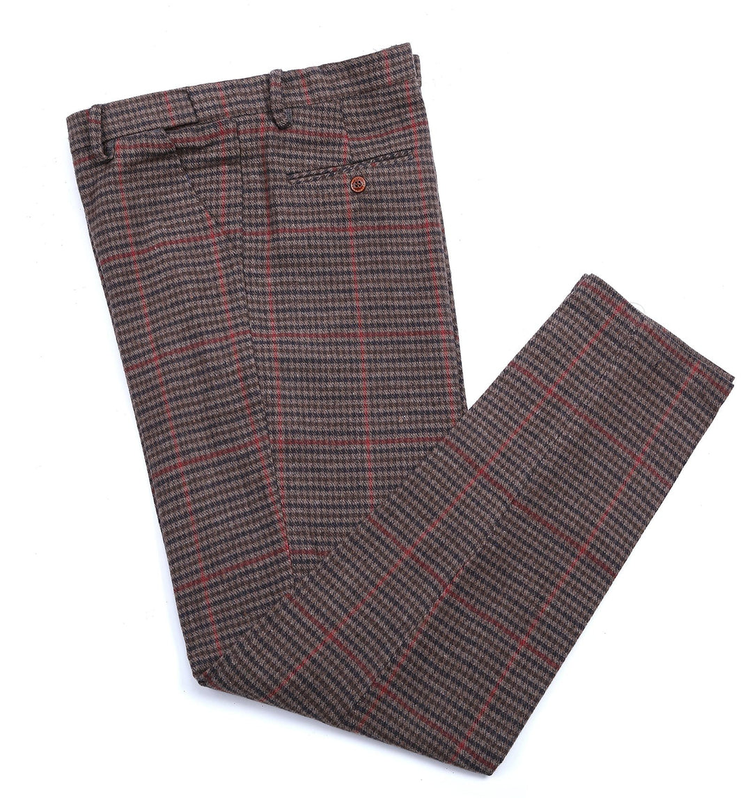Men's Casual Suit Pants Coffee Plaid Pleat-Front Trousers menseventwear