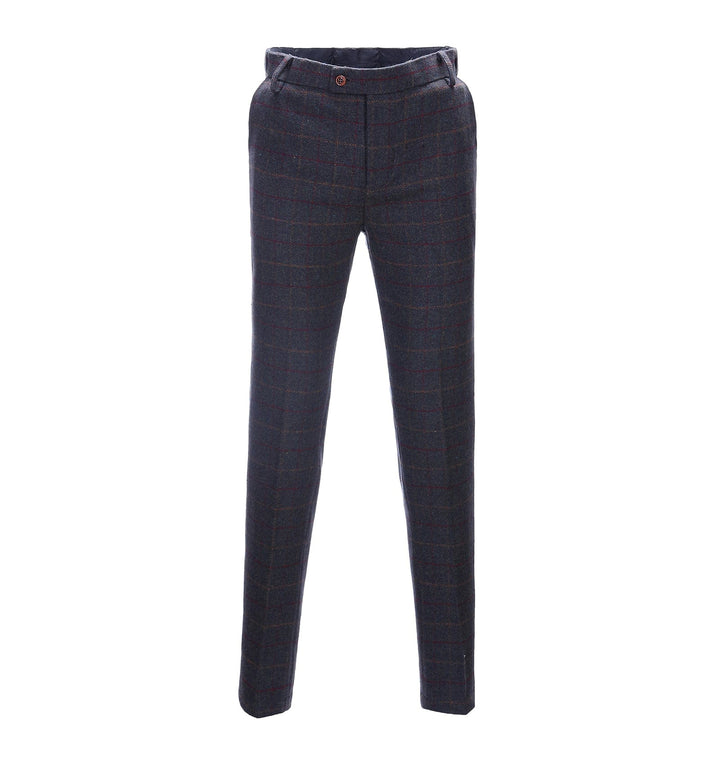 Men's Casual Suit Pants Dark Grey Blue Plaid Pleat-Front Trousers menseventwear