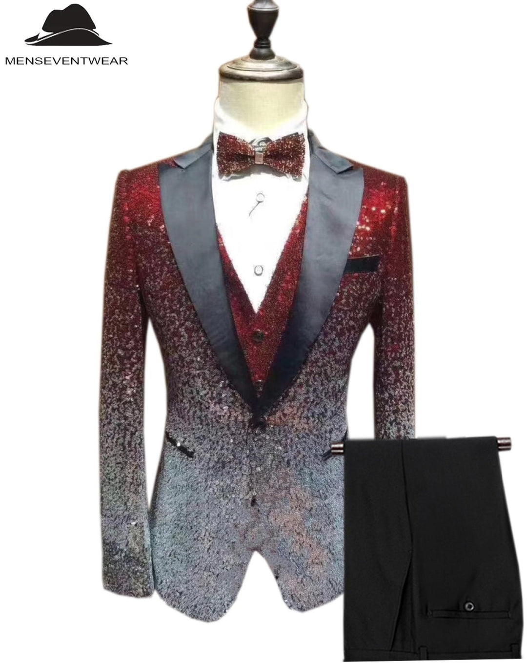 Men's Fashion Gradient Sequined Tuxedo Suit Peak lapel Men's Suit (Blazer + Vest + Pants) mens event wear