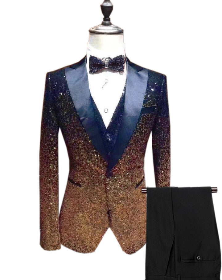 Men's Fashion Gradient Sequined Tuxedo Suit Peak lapel Men's Suit (Blazer + Vest + Pants) mens event wear