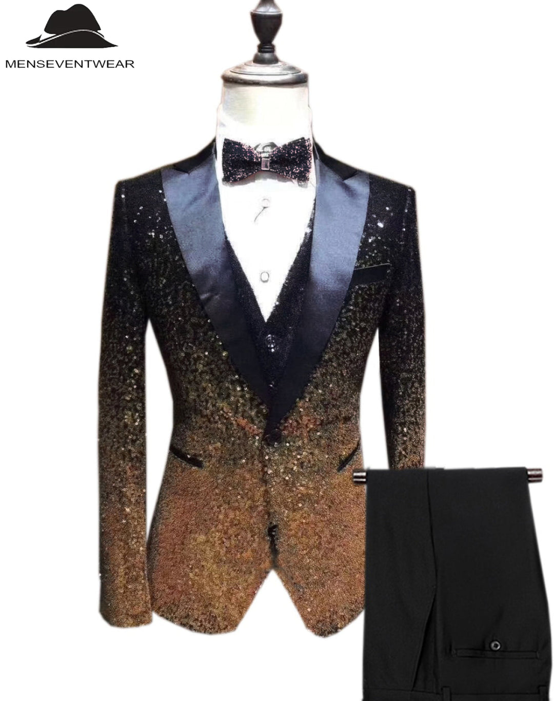 Men's Fashion Gradient Sequined Tuxedo Suit Peak lapel Men's Suit (Blazer + Vest + Pants) mens event wear