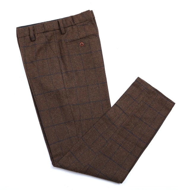 Men's Formal 3 Pieces Business Coffee Tweed Plaid Notch Lapel Suit (Blazer+vest+Pants) Adam Reed