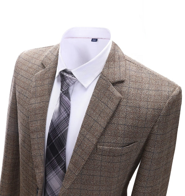 Men's Formal Brown Plaid Notch Lapel Blazer mens event wear