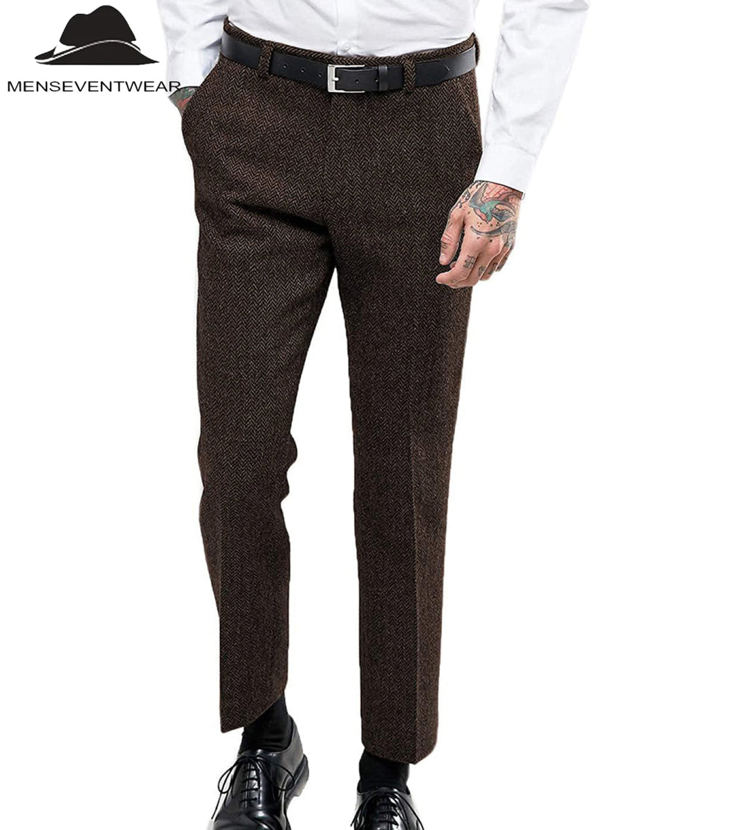 Men's Retro Suit Pants Herringbone Tweed Trousers menseventwear