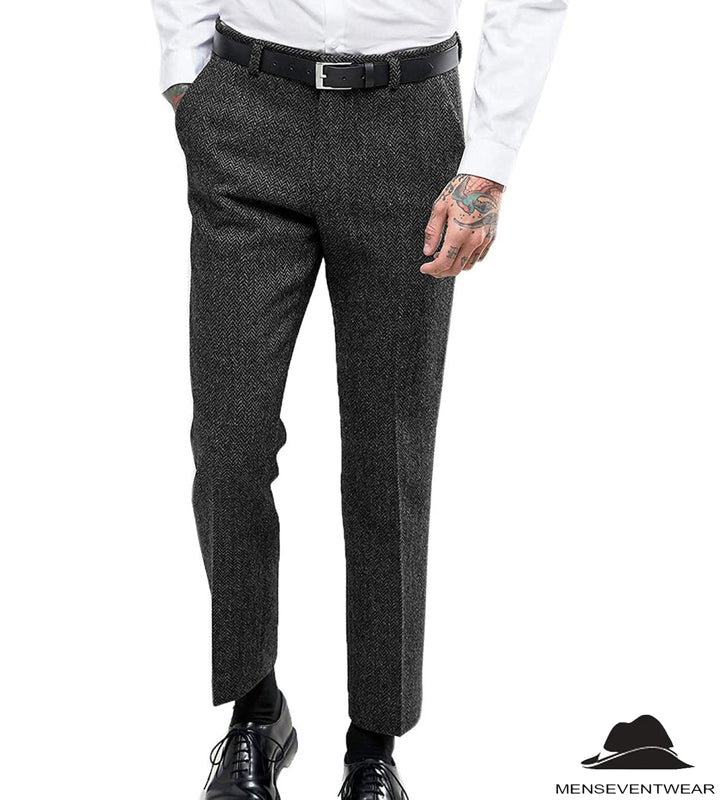 Men's Retro Suit Pants Herringbone Tweed Trousers menseventwear