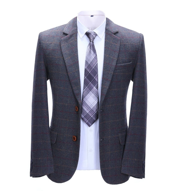 Mens Suit Business 2 Pieces Formal Dark Grey Blue Plaid Notch Lapel Tuxedos (Blazer+Pants) mens event wear