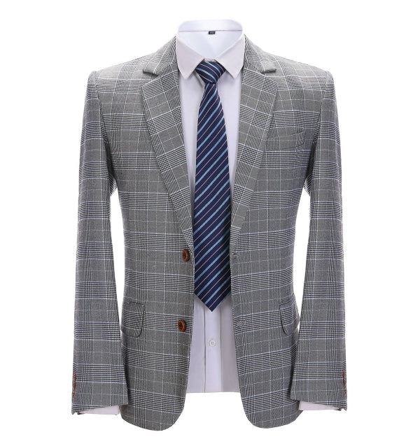 Mens Suit Formal 2 Pieces Business Grey Plaid White Line Notch Lapel Tuxedos for Wedding(Blazer+Pants) mens event wear