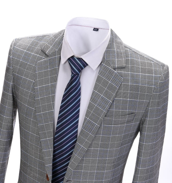 Mens Suit Formal 2 Pieces Business Grey Plaid White Line Notch Lapel Tuxedos for Wedding(Blazer+Pants) mens event wear