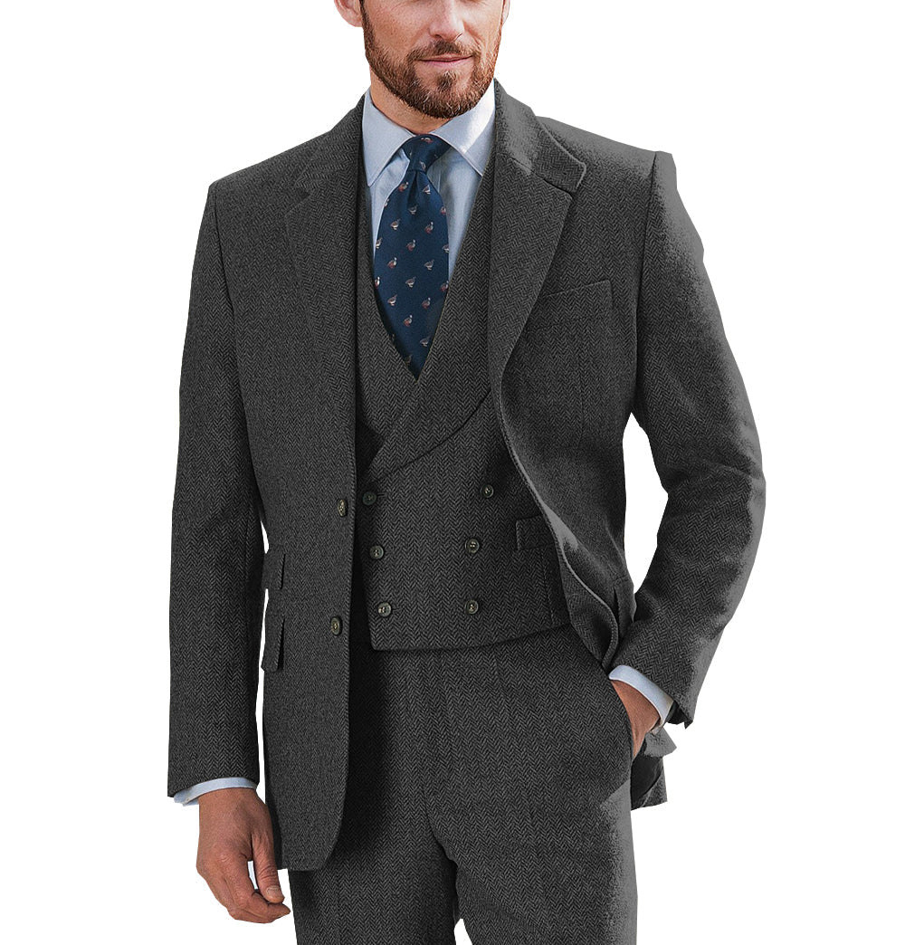 Vintage Classical 3 Piece Mens Suit Herringbone Notch Lapel Blazer (Blazer Vest+Pants) mens event wear