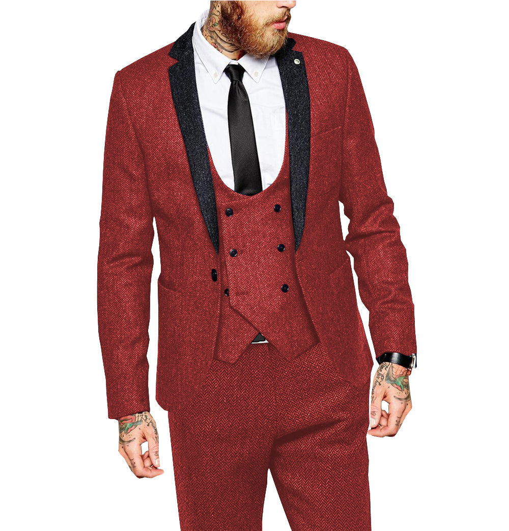 Vintage Classical 3 Piece Mens Suit Herringbone Notch Lapel Blazer (Blazer Vest+Pants) mens event wear