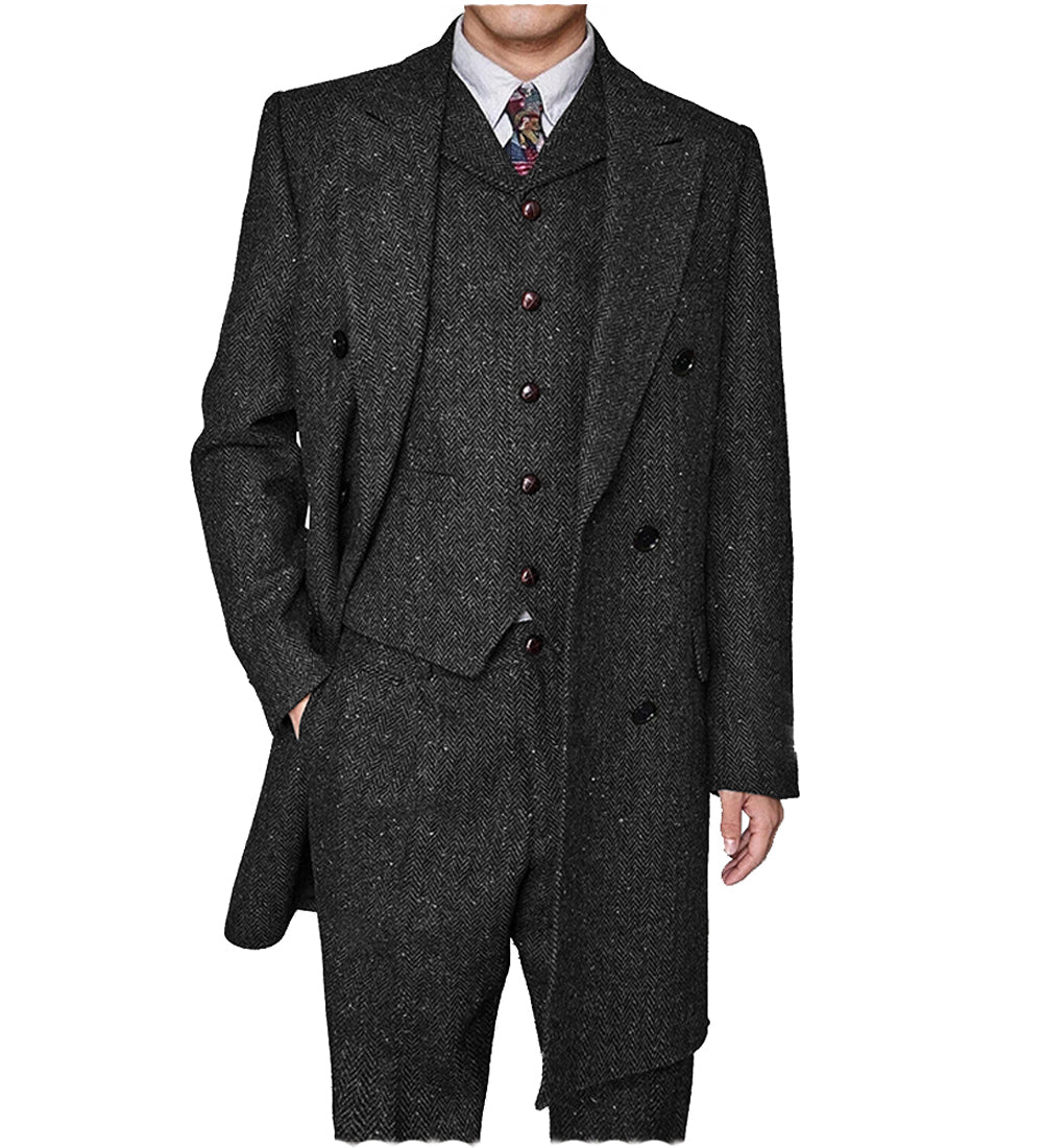 Vintage Classical 3 Pieces Mens Suit Herringbone Tweed Peak Lapel Tuxedos (Blazer+vest+Pants) mens event wear