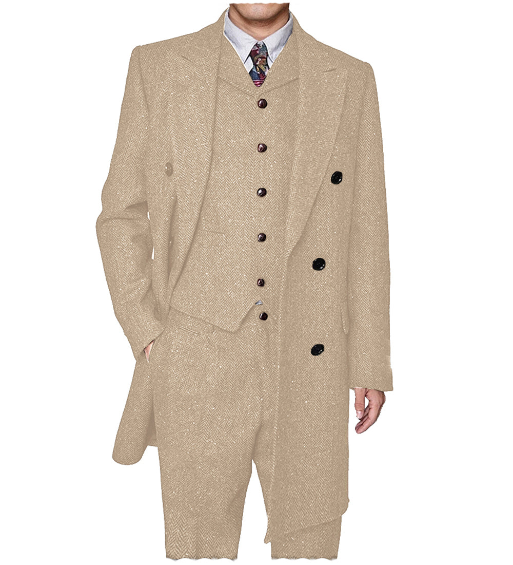 Vintage Classical 3 Pieces Mens Suit Herringbone Tweed Peak Lapel Tuxedos (Blazer+vest+Pants) mens event wear