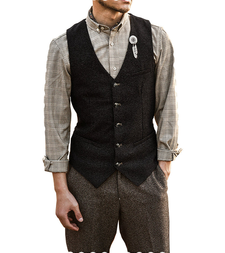 Vintage Classical Mens Slim Fit Tweed Herringbone V Neck Waistcoat mens event wear