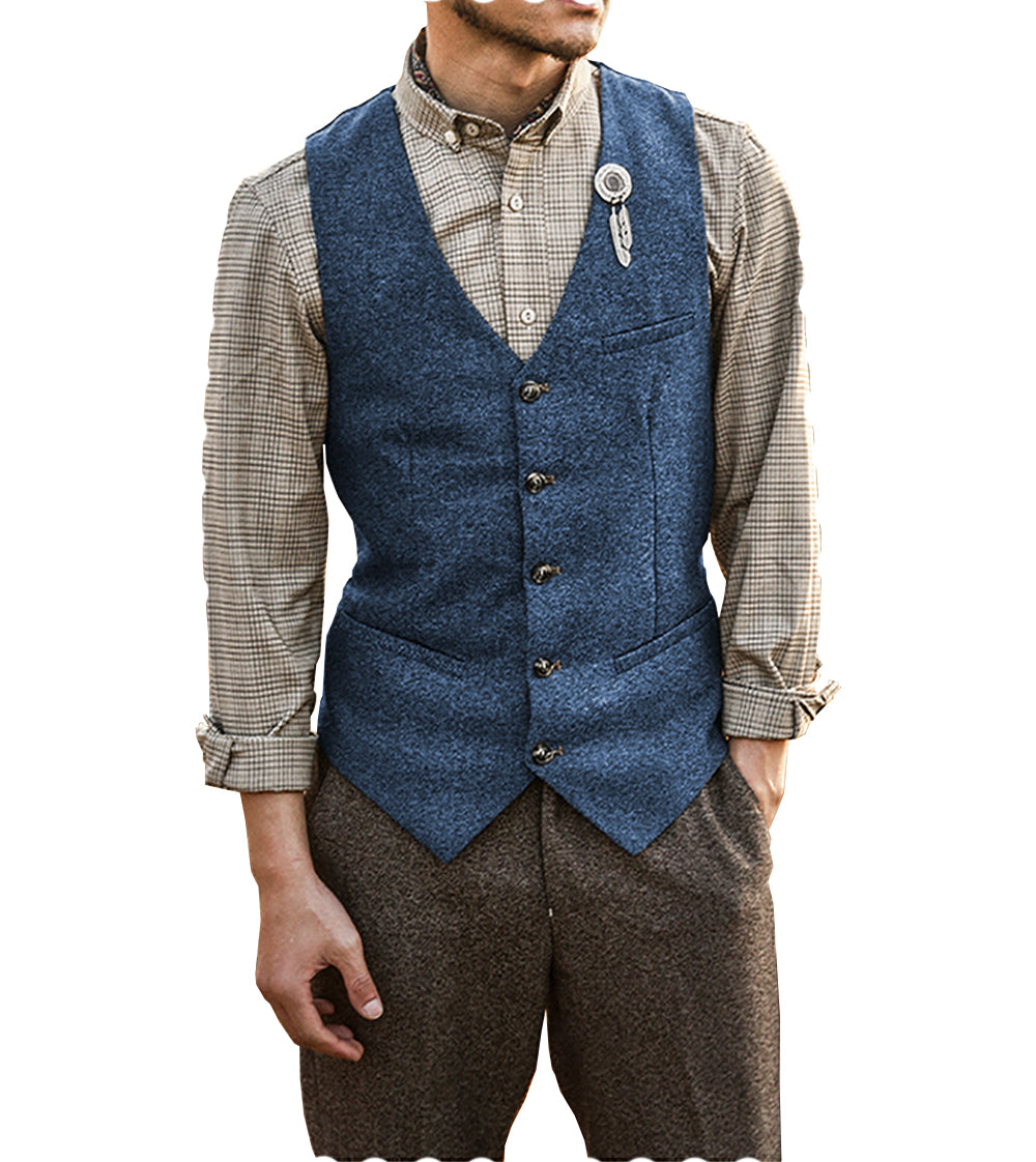 Vintage Classical Mens Slim Fit Tweed Herringbone V Neck Waistcoat mens event wear